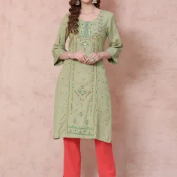 Rangriti Green Embroidered Straight Kurta image 1