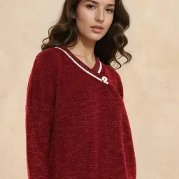 RAREISM Red Acrylic Solid Long Sleeves Shrug image 3