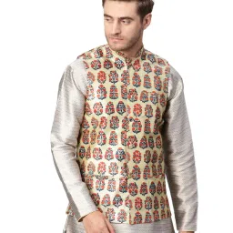 Sojanya Beige & Orange Floral Print Nehru Jacket image 1