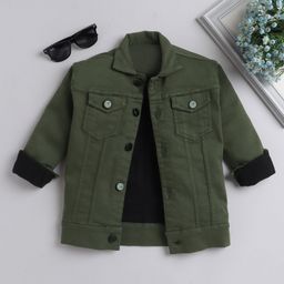 Ministitch Full Sleeves Solid Denim Jacket - Olive Green-picture-26