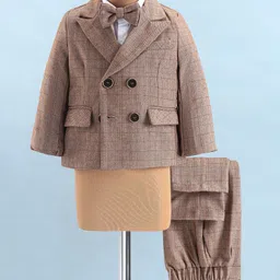 Kookie Kids Full Sleeves Checkered 3 Piece Party Suit with Bow - Brown-picture-11