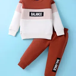 Pepito Fleece Knit Full Sleeves Winter Wear T-Shirt & Lounge Pant Set With Text Print & Cut & Sew Design - Brown & White image 1