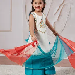 Vastramay Sleeveless Floral Embroidered & Gota Lace Embellished Kurta With Palazzo & Dupatta Set - White & Blue-picture-20