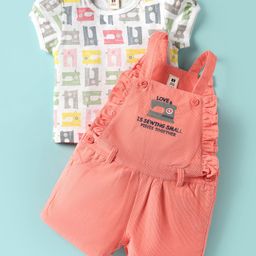 ToffyHouse Knit Dungaree & Half Sleeves T-Shirt With Sewing Machine Print & Embroidery - Peach & White-picture-44