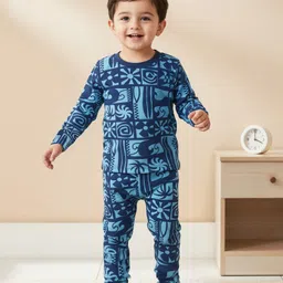 Babyhug Cotton Knit Full Sleeves Co-ords Night Suit With Abstract Print - Blue-picture-27
