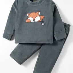 Kanvin Antipilling Polar Fleece Knit Full Sleeves Winter Night Suit with Fox Patch Detailing - Dark Green-image-70