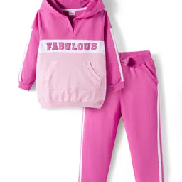 Babyhug Terry Knit Full Sleeves Hooded Top and Lounge Pant Set with Kangaroo Pockets & Fabulous Text Print - Pink-picture-14