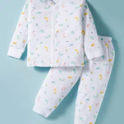 Pink Rabbit Single Jersey Knit Full Sleeves Co-ords Night Suit With Dino Print - White-picture-10
