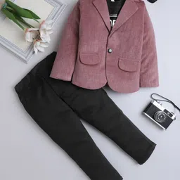 Fourfolds Velvet Woven Full Sleeves Textured Blazer With Hope Text Printed Tee & Pant Set - Pink-image-11