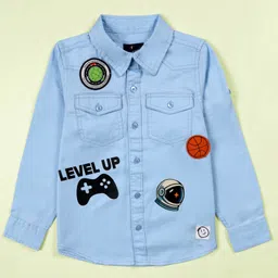 Kiddopanti Cotton Woven Full Sleeves Gaming Console & Astronaut Printed Shirt - Light Blue-picture-23