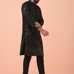 KISAH Men Embroidered Regular Mirror Work Kurta with Trousers image 2