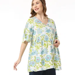 Bella Mama 100% Cotton Woven Overlapping Front With Half Sleeves Maternity Top Floral Print - White image 3