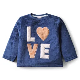 Babyhug Fur Woven Full Sleeves Winter Wear T-Shirt & Lounge Pant Set with Love Embroidery - Navy Blue image 2