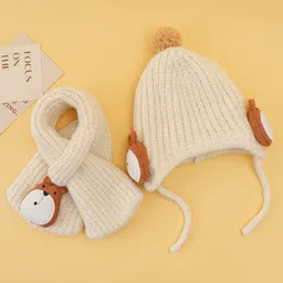 Babyhug Woolen Cap & Muffler Set With Animal Applique Beige - 14.5 cm Diameter image 3