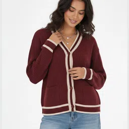 glitchez Ribbed V-Neck Oversized Cardigan with Contrasting Edges-picture-24