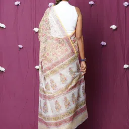 Unnati Silks Yellow Floral Print Saree With Unstitched Blouse image 2