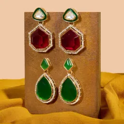Zaveri Pearls Set of 2 Green Rani Pink Stones Dazzling Austrian Diamonds Drop Earrings-ZPFK18305-image-81