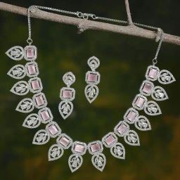 Zeneme Pink Silver Toned Plated Crystal Studded Leaf Shaped Jewellery Set-picture-13