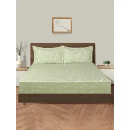Swayam Dona Floral Pista Green 200 TC Cotton King Fitted Fitted Bedsheet with 2 Pillow Covers image 2