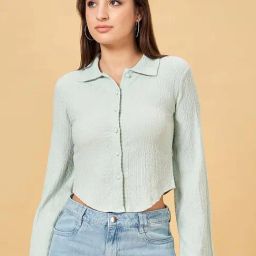 SF Jeans by Pantaloons Sage Green Self Pattern Crop Shirt-picture-26