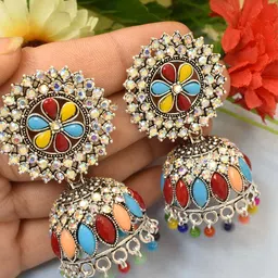 MEIRA JEWELLERY Silver-Plated Artificial Stones Studded & Beaded Dome Shaped Jhumkas-picture-35