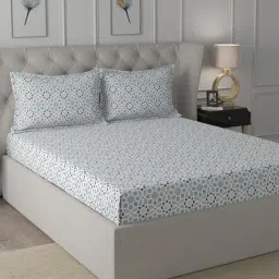 In-House by Maspar Blue 200 TC Cotton Printed Bed Sheet with 2 Pillow Cover-image-47