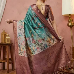 Satrani Blue Silk Floral Saree With Unstitched Blouse image 2