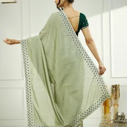 Satrani Green Silk Blend Embroidered Saree With Unstitched Blouse image 2