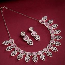 Zeneme Rose Gold Plated White Pink Crystal Studded Handcrafted Jewellery Set-picture-2