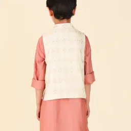 Fabindia Kids Peach & Beige Printed Full Sleeves Kurta with Nehru Jacket image 2