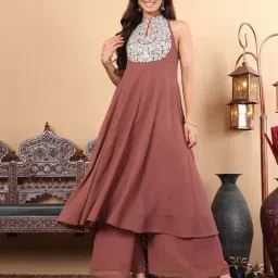 Varanga Camel Brown Embroidered Kurta & Palazzo Set-image-23