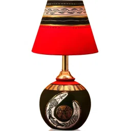 ExclusiveLane 'Madhubani Shimmers' Hand-Painted Pot Shaped Round Table Lamp In Terracotta image 2