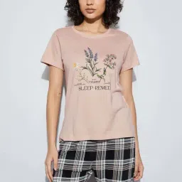Ginger By Lifestyle Dusty Pink Cotton Regular Fit Floral Print Sleepwear T-Shirt-picture-15
