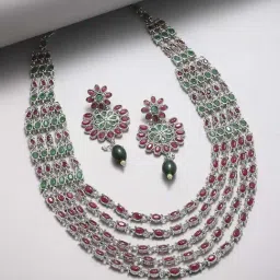 Zeneme Silver Plated Green Red Kundan Studded Layered Jewellery Set-picture-16