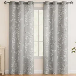 BFAM Grey & White 2 Pieces Floral Printed Room Darkening Door Curtain-image-7