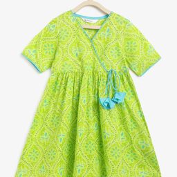 Campana 100% Cotton Half Sleeves Bandhani Designed Angrakha Style Kurta - Lime Green & Turquoise Blue-picture-30