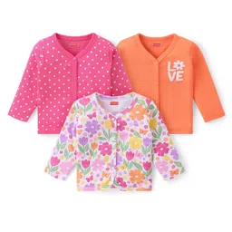 Babyhug 100% Interlock Cotton Knit Full Sleeves Front Open Antibacterial Vests with Polka Dot & Floral Print Pack of 3 - Orange Pink & White-picture-30