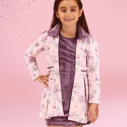 Cutecumber Accordion Dress With Full Sleeves Floral Printed Jacket Set - Purple-picture-27