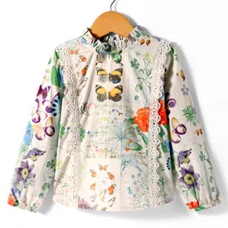 Hugsntugs Cotton Full Sleeves Butterfly Printed & Lace Embellished Printed Top - Off White image 1