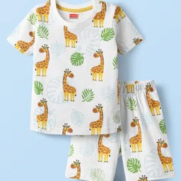 Babyhug Cotton Knit Half Sleeves Co-ords Shorts Night Suit With Giraffe Print - White-picture-12