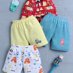 BUMZEE Cotton Pack Of 4 Vehicle & Hen Printed Shorts - Yellow & Teal Blue-picture-15