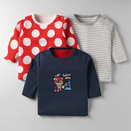 Kidi Wav Pack Of 3 Full Sleeves Striped & Polka Dots Printed Tees - Multi Colour-picture-15