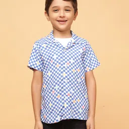 Tales & Stories Viscose Woven Half Sleeves Chessboard Checked & Brand Logo Printed Shirt - Blue-picture-12
