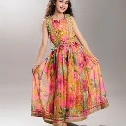 Bitiya By Bhama Silk Blend Woven Sleeveless Floral Printed Flared Dress - Yellow-picture-19