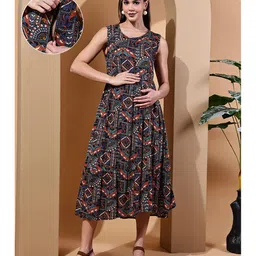 Moms Maternity Rayon Woven Sleeveless Rajasthani Printed Maternity Dress With Concealed Front Zipper Nursing Access - Black-picture-27