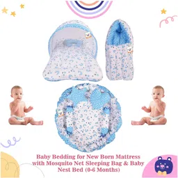 Babytoons Baby Bedding for New Born Mattress with Mosquito Net Sleeping Bag & Baby Nest Bed (0-6 Months) Blue image 2