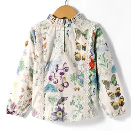 Hugsntugs Cotton Full Sleeves Butterfly Printed & Lace Embellished Printed Top - Off White image 3