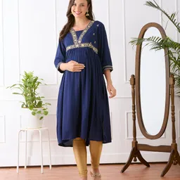 Bella Mama Viscose Woven Three Fourth Sleeves Maternity Kurta With Embroidered Yoke - Navy Blue image 3