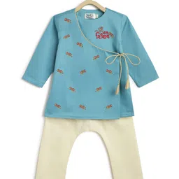 Tiber Taber 100% Cotton Full Sleeves Om Namah Shivay Text & Damru Embroidered Kurta Pyjama Set - Blue image 3