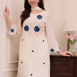 CAPITALHAVEN Women Floral Embroidered Regular Thread Work Kurta with Trousers & With Dupatta image 4